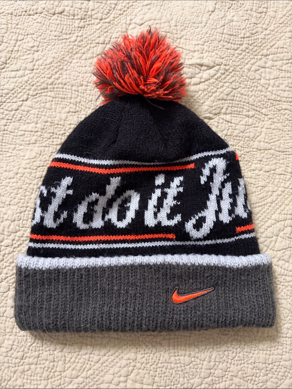 Nike Kids Black, Gray & Orange Pom-Pom Knit Beanie